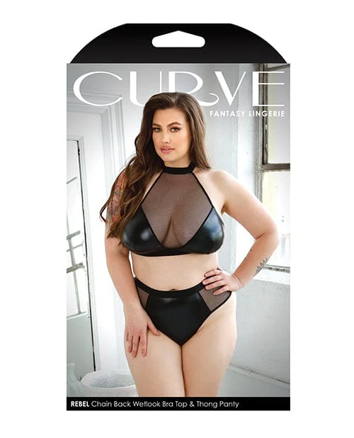 Curve Rebel Wetlook Halter Top with Removable Chain & Panty Black - Image 3