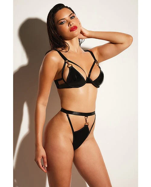 Fetish Excitement Unlined Underwire Vinyl Bra & Panty With d-ring & Metal Clasp Black