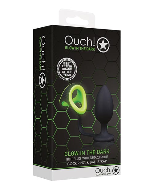 Shots Ouch Butt Plug With cock Ring & Ball Strap - Glow In The Dark