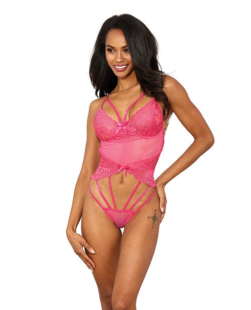 Stretch Lace with underwire Cups & Strap Thong Detail Teddy Hot Pink - Image 5